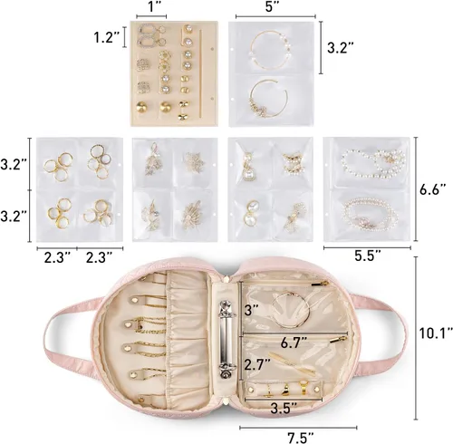 Vista 6 de Vlando Estuche organizador de viaje para joyas, carpeta de anillos con bolsas de joyería, folleto transparente con cremallera para collares, aretes