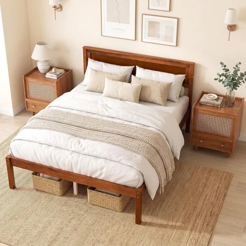 Vista 13 de KOMFOTT Base de cama de plataforma de madera de tamaño completo con cabecero, marco de cama de madera de mediados de siglo de 16 pulgadas con Marrón