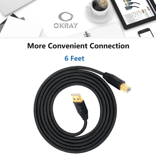 Vista 7 de OKRAY Cable USB para impresora, paquete de 2 cables USB 2.0 tipo A a B de 6 pies, cable de impresora macho a macho, cable de escáner trenzado