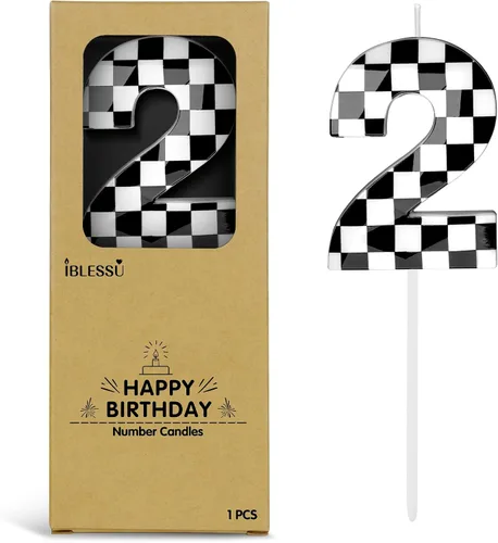 Vista 17 de Velas de cumpleaños de autos de carreras número 1, velas de cumpleaños a cuadros negros y blancos de 2.68 pulgadas, velas con números con temática