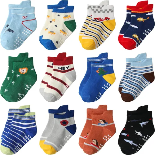 Vista 23 de Calcetines antideslizantes con agarre para tobillos, paquete de 12 unidades para niños pequeños, niños y niñas, lindos calcetines de algodón