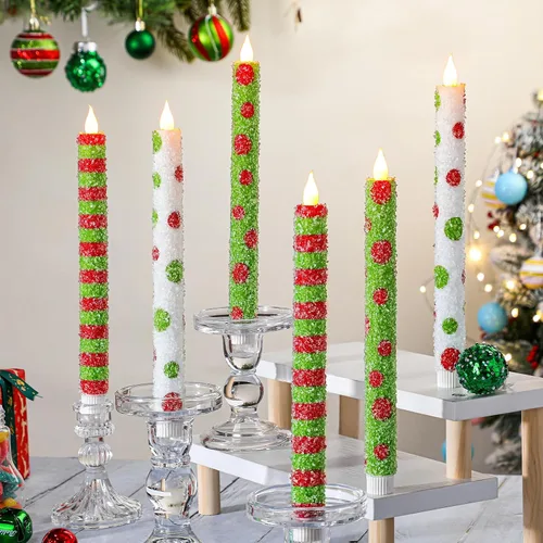 Vista 5 de Baquler 6 velas cónicas sin llama de Navidad de 10.6 pulgadas con temática de elfo, velas LED de Navidad que funcionan con pilas, candelabros