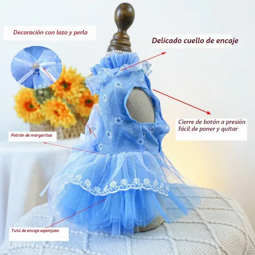 Vista 3 de ANIAC Daisy Vestidos para Perros Pequeños Hembra con Anillo para Correa, Nudo de Lazo Vestido de Boda para Cachorra, Traje de Gato de San Valentín