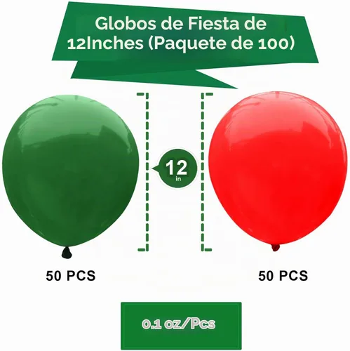 Vista 2 de 100 globos rojos de 12 pulgadas y globos verde oscuro para decoraciones de fiesta de cumpleaños y Navidad