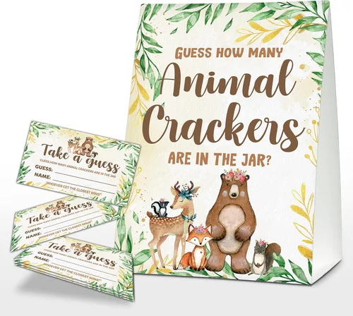 Vista 5 de How Many Animal Crackers Are In The Jar, juego de baby shower floral bohemio rosa rubor, decoración de baby shower de animales de la selva safari