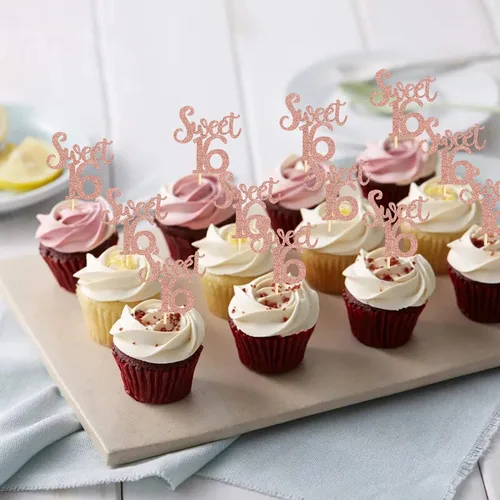 Vista 5 de Ercadio Paquete de 24 adornos para cupcakes con purpurina de oro rosa para 16 niños, 16 años, aniversario, fiesta, decoración de pasteles