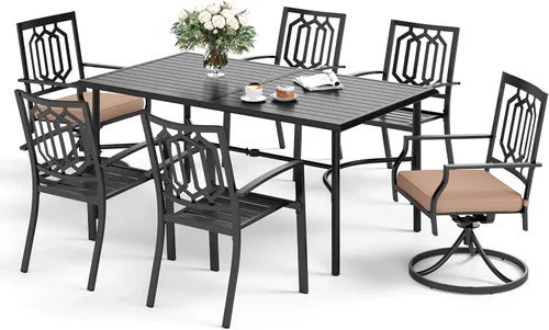 Vista 15 de SUNSHINE VALLEY Juego de 7 sillas de comedor para patio, material metálico, 6 sillas de comedor de color teca rectangular con agujero para sombrilla