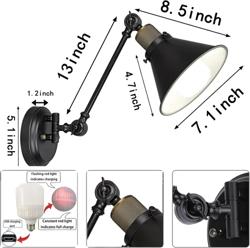 Vista 5 de Lámpara de pared con pilas, sin necesidad de cableado, iluminación de pared, con brazo oscilante, con control remoto regulable, para interiores