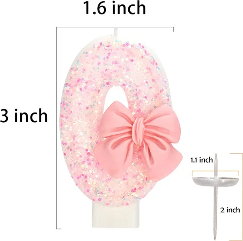 Vista 3 de Vela de cumpleaños para pastel, vela 0 - purpurina rosa con lazo, vela de feliz cumpleaños de 2.76 pulgadas, adorno superior de pastel para fiestas
