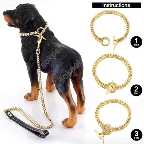 Vista 4 de Collar de cadena para perro de 18 quilates, cadena de eslabones cubanos de 0.394 in, fuerte, resistente, a prueba de mordidas, ajustable, con cierre