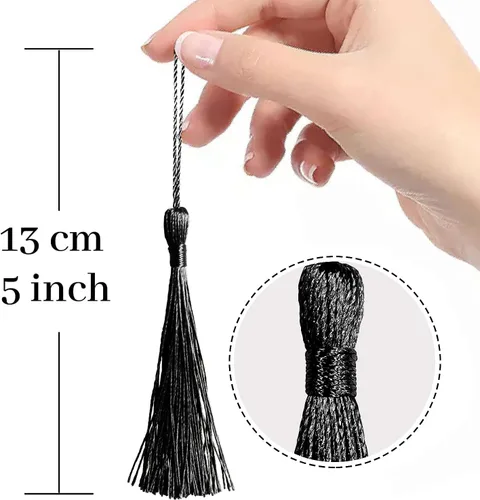 Vista 2 de 100 piezas de mini borlas negras de 13 cm/5 pulgadas con bucles para marcapáginas, fabricación de joyas, proyectos de bricolaje