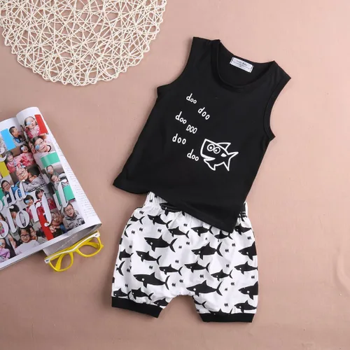 Vista 5 de Conjunto de ropa para bebé y niña, diseño de tiburón y Doo Doo, de algodón, sin mangas, conjunto de tops y pantalones cortos