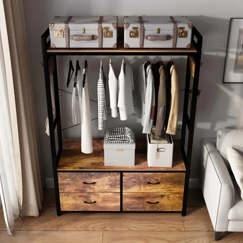 Vista 6 de Perchero para ropa con cajones, perchero para ropa con estantes y varilla para colgar, perchero de ropa industrial con almacenamiento para bolsas