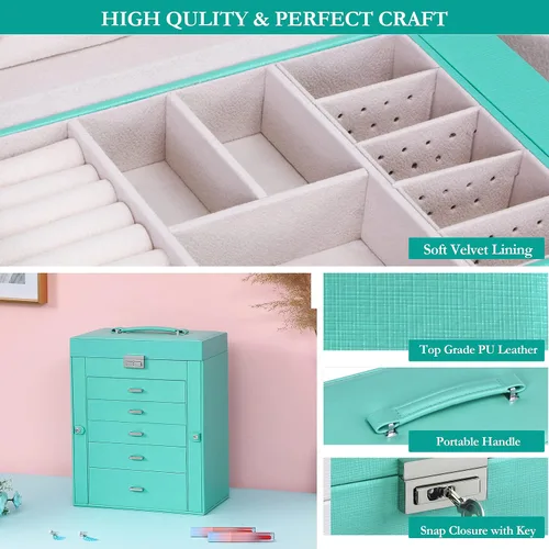 Vista 3 de ANWBROAD Joyero grande de 6 niveles, organizador de joyas, caja de almacenamiento con espejo de cerradura, caja de joyería para niñas, para aretes
