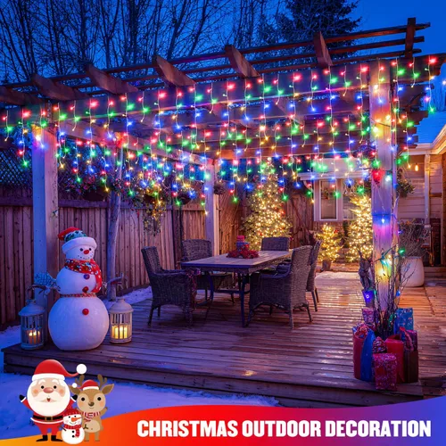 Vista 6 de JMEXSUSS 400 luces LED de Navidad de carámbano de 38.8 pies con control remoto, tira de luces multicolor para exteriores enchufables, 8 modos