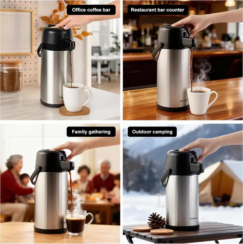 Vista 7 de Airpot - Jarra de café para mantener el calor, dispensador de café térmico de 102 oz/3 litros con bomba, dispensador de bebidas calientes de acero