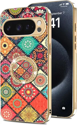 Vista 51 de nancheng Funda para Google Pixel 6 de lujo, diseño de abeja, corazón y abeja, chapado en oro, con anillo de diamante de 360°, correa de cordón