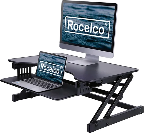 Vista 9 de Rocelco - Convertidor de escritorio para trabajar de pie con altura ajustable de 32 pulgadas - Bandeja retráctil deslizable - Elevador de monitor