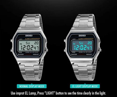 Vista 6 de PASOY - Reloj digital de acero inoxidable con retroiluminación, multifunción, cronómetro, resistente al agua, para hombre