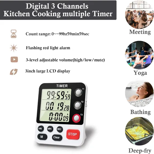 Vista 3 de QINFIEY Temporizador digital de cocina de 3 canales múltiples con cronómetro grande de cuenta LCD hacia arriba y apagado temporizador para enseñar