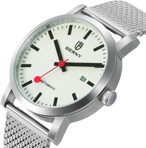 Vista 3 de BERNY Reloj automático clásico para hombre, reloj mecánico de cuerda automática MIYOTA 8215, correa de acero inoxidable, 5ATM, impermeable, esfera
