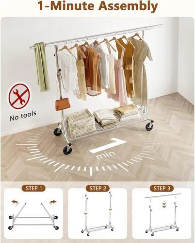 Vista 2 de Hoctieon Perchero de montaje de 1 minuto, 480 libras, percheros de ropa rodantes resistentes con ruedas, perchero plegable para ropa, barra Plata