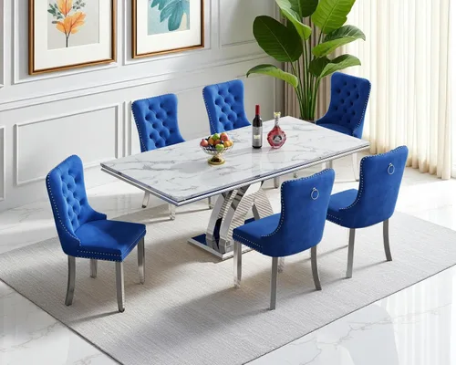 Vista 15 de Juego de 4 mesas de comedor blancas y doradas, mesa de cocina rectangular de 68 pulgadas con parte superior de mármol sintético blanco, mesa de Mesa