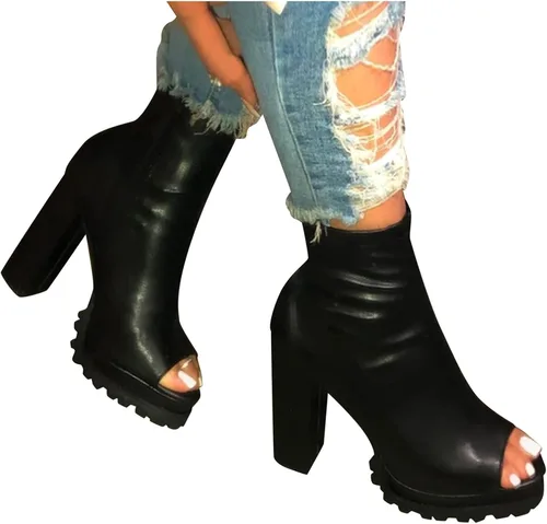 Vista 3 de Botines de punta abierta para mujer, botines de tacón grueso, tacón de bloque grueso, botines de tacón alto, botines de tacón alto, botines de punta