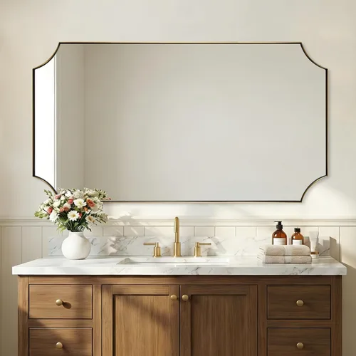 Vista 22 de ANDY STAR Espejo de baño de bronce cepillado, espejo festoneado de 24 x 36 pulgadas para baño, espejo rectangular de bronce antiguo con marco