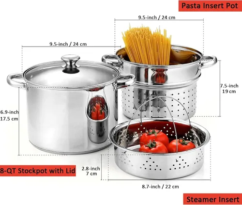 Vista 3 de Cook N Home 02401 Ollas multiuso de acero inoxidable con fondo encapsulado de 4 cuatro piezas, 8 cuartos de galón Steamer Basket, Pasta Strainer