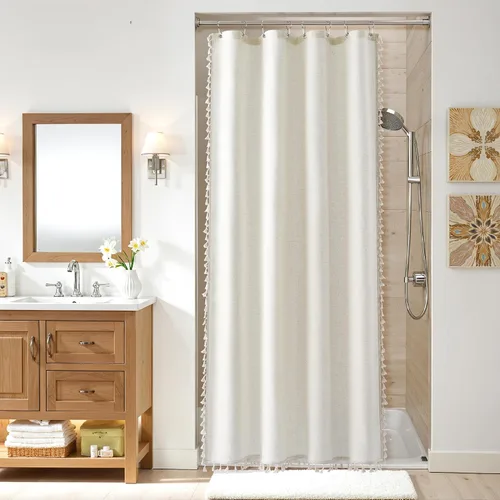 Vista 17 de Nanspring Cortina de ducha de lino extra larga para baño, 96 pulgadas Natural