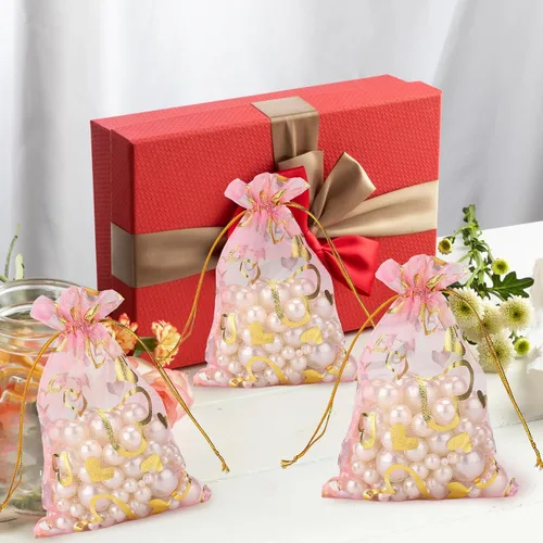 Vista 6 de G2PLUS - Bolsas de organza de corazón, 50 bolsas de regalo con cordón transparente de 4 x 6 pulgadas Pink Mesh Bags with Gold Foil Hearts for