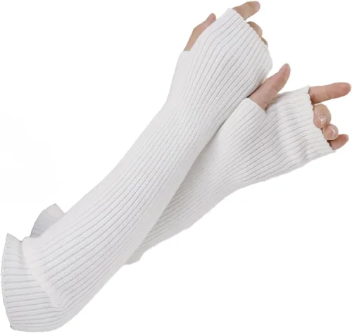 Vista 38 de Facecozy Calentadores de brazos para mujer, mezcla de lana de cachemira, guantes largos sin dedos para mujer, guantes para clima frío con agujero