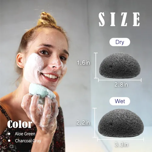 Vista 2 de myHomeBody Esponjas faciales naturales de Konjac - para una limpieza y exfoliación facial suave - con carbón activado y aloe vera, juego de 4