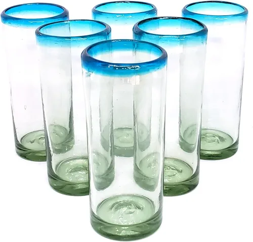 Vista 16 de Aqua Blue Rim - Juego de 6 vasos de 10 onzas (10 onzas) hecho a mano mexicana, vidrio reciclado, sin plomo, sin toxinas (mezclador)