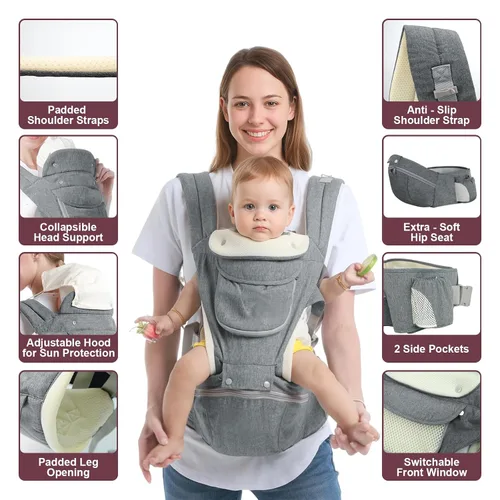 Vista 3 de Portabebés, 6 en 1 para recién nacidos a niños pequeños (7-50 libras), portabebés, delantero y trasero con asiento de cadera desmontable, suave