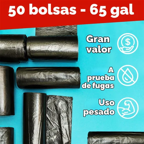 Vista 3 de Bolsas de basura de 65 galones para cubo, color negro, 50 bolsas por caja