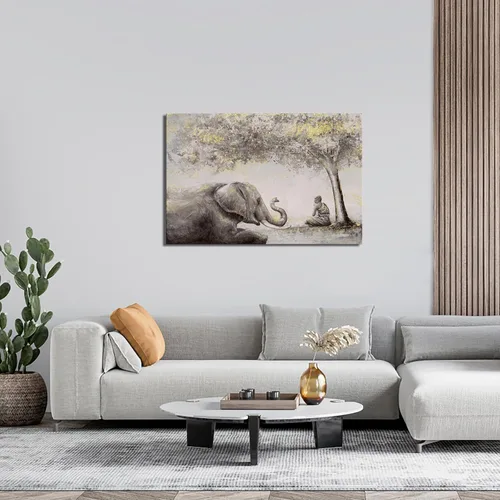 Vista 2 de sechars Lienzo decorativo zen pacífico de elefante y monje meditando, pintura de arte giclée para yoga, sala de masaje, decoración de oficina