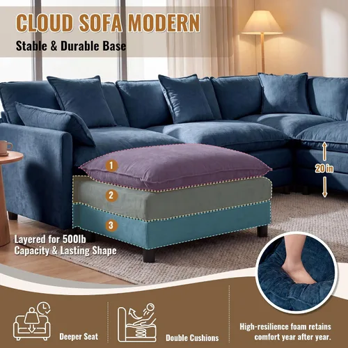 Vista 4 de Juego de sofá modular de 107 pulgadas con otomana, sofá convertible en forma de L, sofá de asiento profundo de felpilla de 3 plazas con almohadas