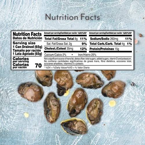 Vista 2 de Roland Foods Ostras medianas ahumadas naturalmente prémium en aceite, capturadas en la naturaleza, alimentos importados especiales, 3 onzas, paquete
