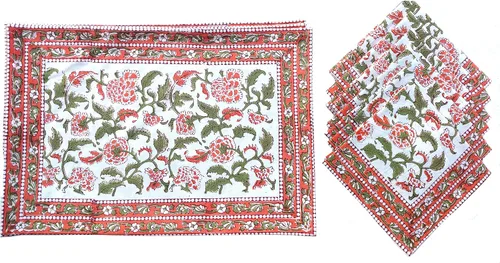 Vista 14 de Juego de 6 manteles individuales 100 % algodón estilo indio para mesa de comedor y servilletas (azul 1)