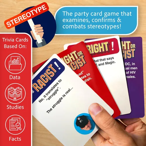 Vista 3 de Juego de fiesta para adultos con texto en inglés "Right or Racist", ideal como regalo de cumpleaños