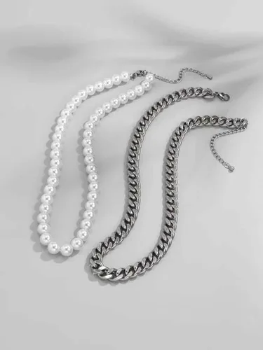 Vista 3 de Collar de perlas para hombre, collar de perlas en capas para niñas, collar redondo de perlas blancas en capas, collar de perlas para mujeres