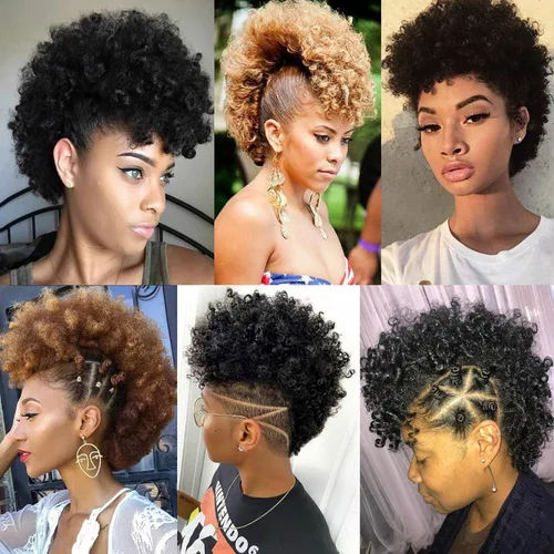 Vista 5 de UA Jerry Curls Mohawk - Cola de caballo sin cordón con flequillo, sintético, corto, afro, rizado, 6 clips BB (2#, negro natural)