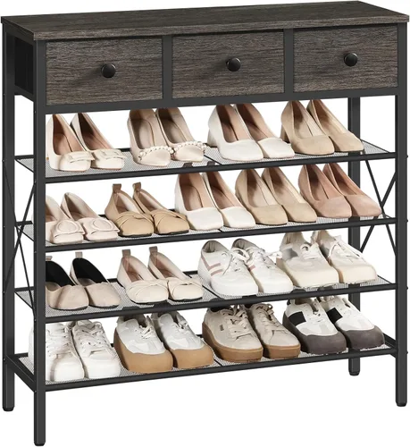 Vista 11 de YATINEY - Zapatero de 4 niveles con 3 cajones, organizador de zapatos de metal para 15 pares con estantes de almacenamiento y parte superior de Negro