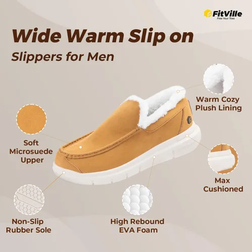 Vista 6 de FitVille Pantuflas de casa anchas para hombre, antideslizantes, ortopédicas, de invierno, para pies anchos, interior y exterior, cojín de aire V3