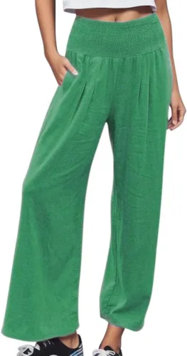 Vista 11 de SHAOBGE Pantalones palazzo de verano para mujer, cintura alta, pierna ancha, casual, cintura elástica, pantalones de playa con bolsillos