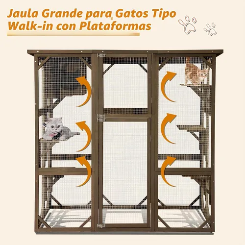 Vista 5 de Grepatio Casa grande para gatos de madera Catio para exteriores con resistente a la intemperie, jaula para gatos, corralito interior con plataforma