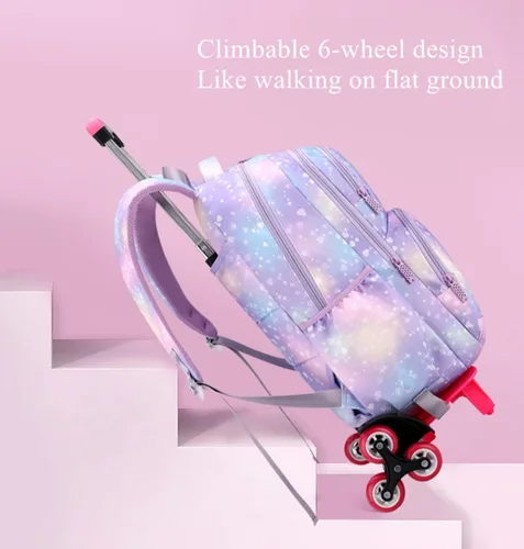 Vista 5 de EKUIZAI Colorido corazón impresión Trolley mochila escuela primaria estudiantes Rolling Bookbag lindo niñas mochila con ruedas, púrpura, Classic
