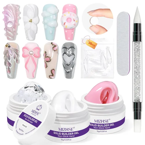Vista 11 de MIZHSE Gel constructor sólido para uñas, arte de uñas 3D transparente y blanco perla, gel duro de construcción no pegajoso con bolígrafo de silicona